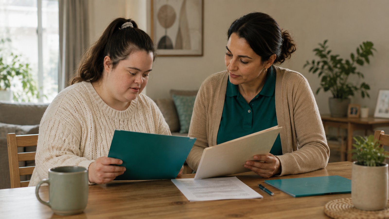 NDIS participant and support worker reviewing two service folders while discussing a change of provider in a Melbourne home