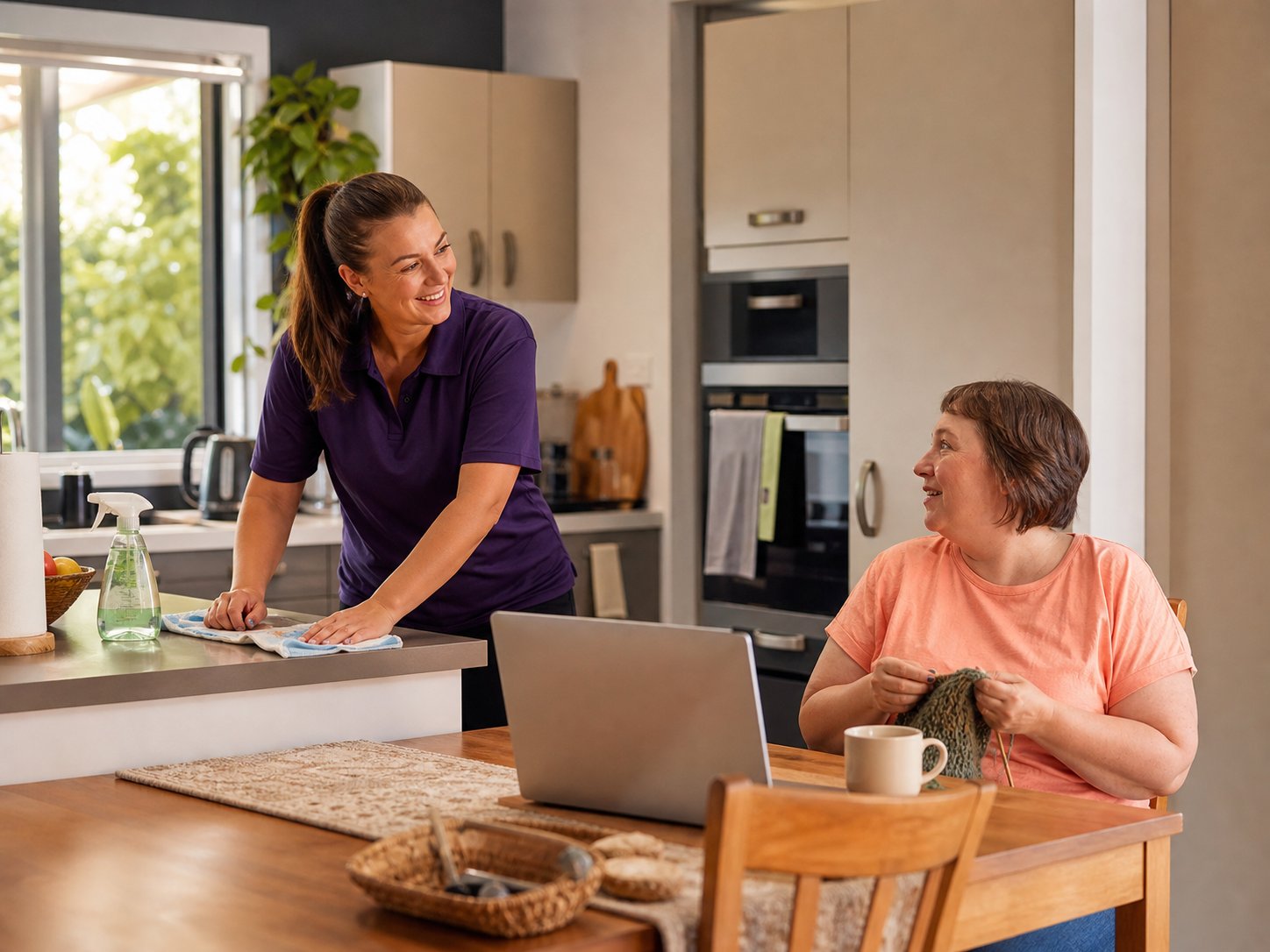 Disability support worker helping with household tasks in a way adapted to the participant's routine, distinct from a standard cleaning service