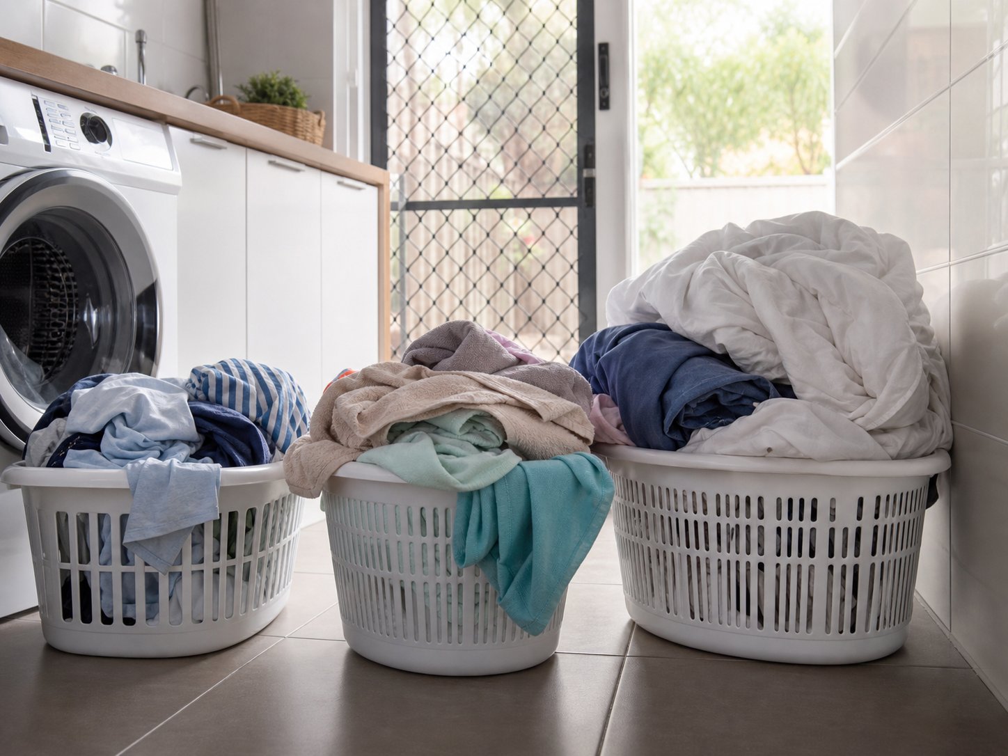 Multiple full laundry baskets reflecting a higher laundry volume some households need to manage