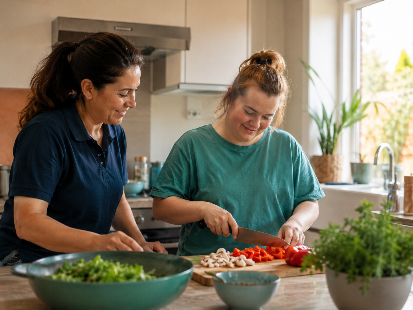 Support worker helping an NDIS participant prepare a meal in the kitchen