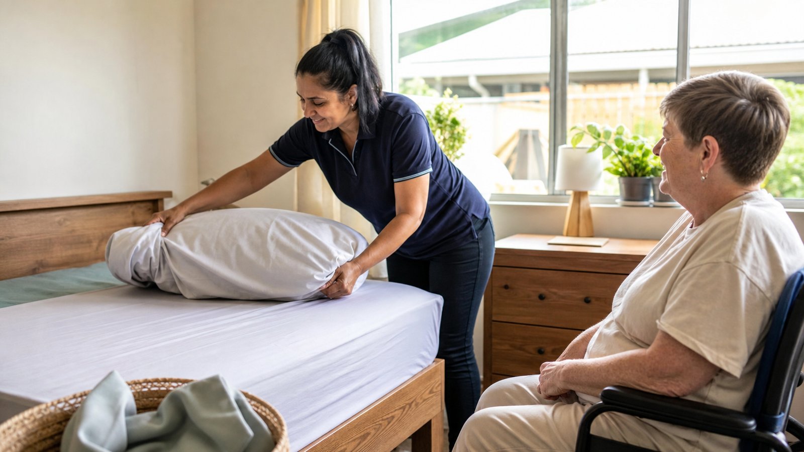 NDIS support worker changing bed linen as part of household task support
