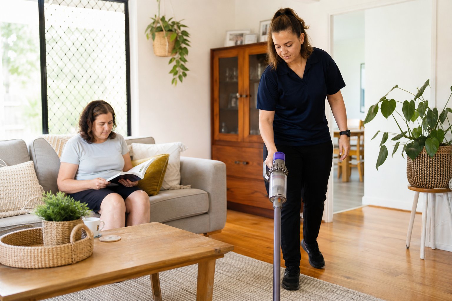 NDIS support worker helping with household cleaning tasks such as vacuuming and kitchen cleaning