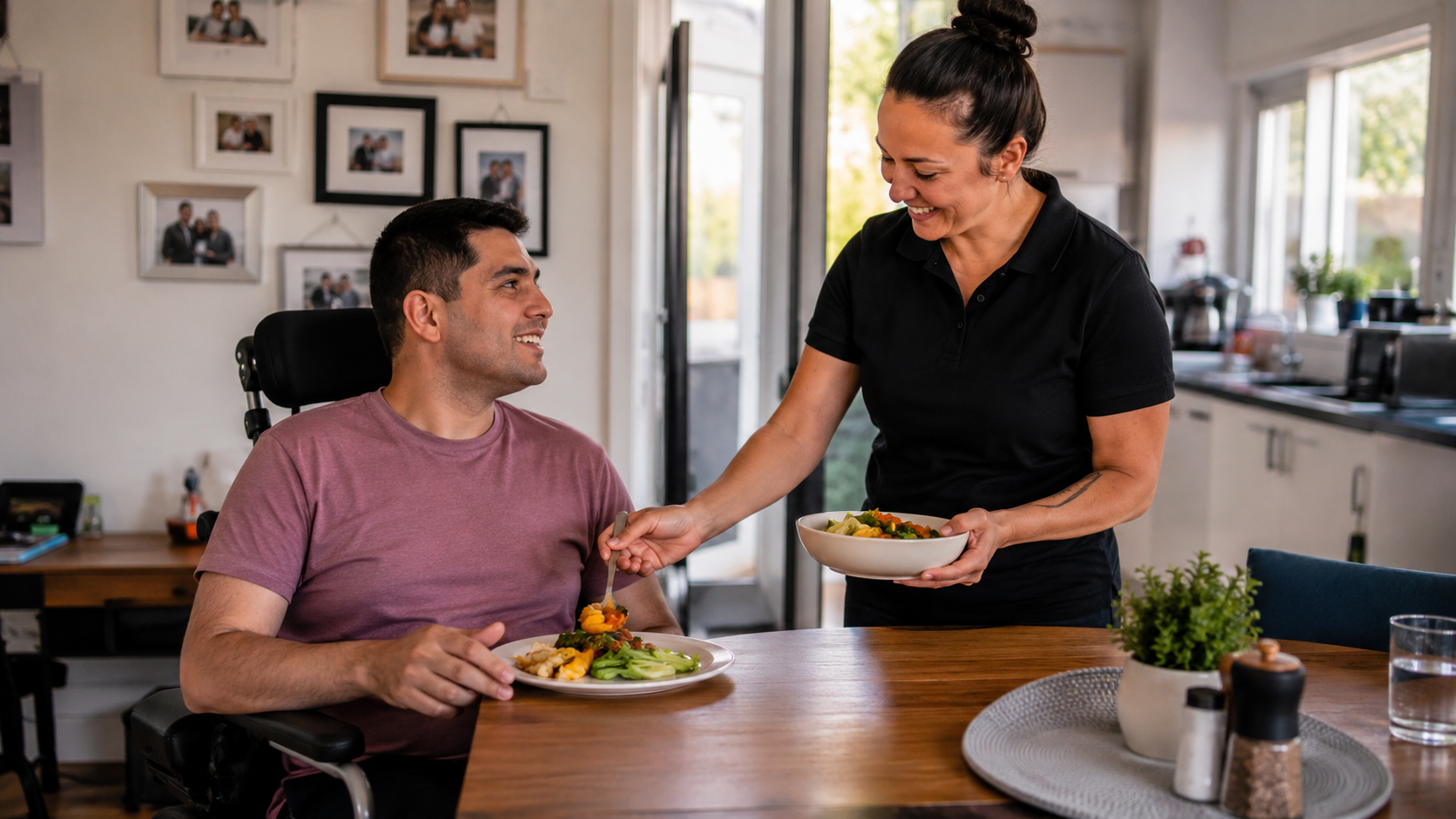 Support worker helping an NDIS participant with a daily task at home in Melbourne