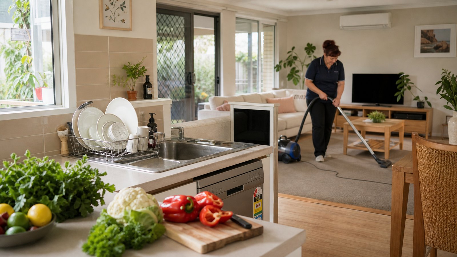 Overview of NDIS household tasks support including vacuuming, dishwashing and meal preparation in a participant's home