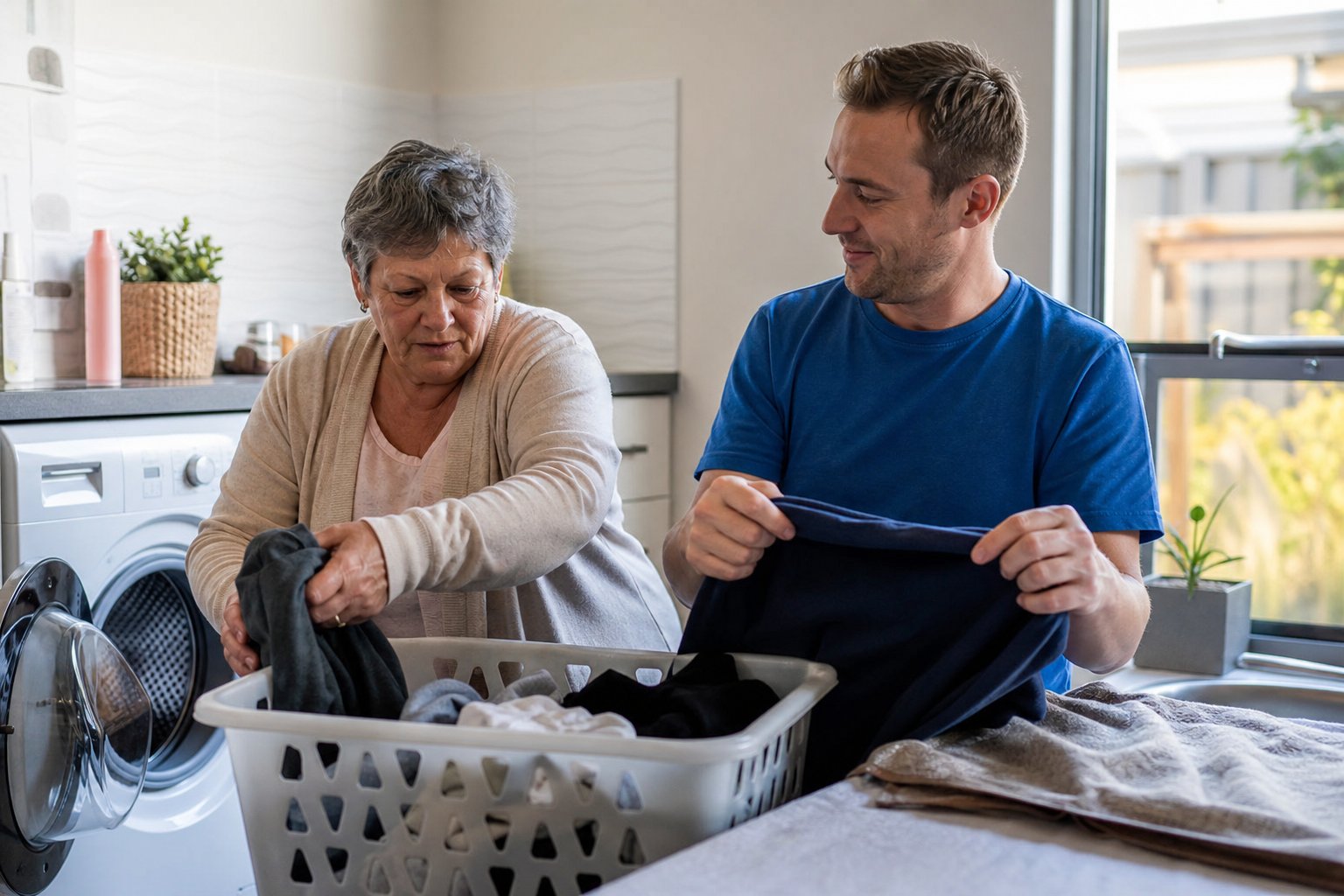 NDIS support worker assisting with laundry and changing bed linen as part of household task support