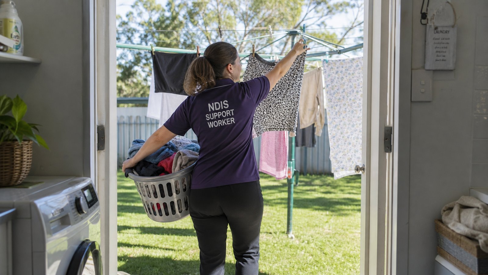 NDIS support worker carrying a full laundry basket and reaching to hang washing, illustrating the physical demands of laundry