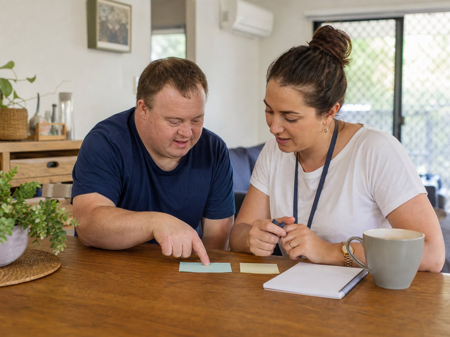 Support worker and participant working out which home and yard tasks the support will cover