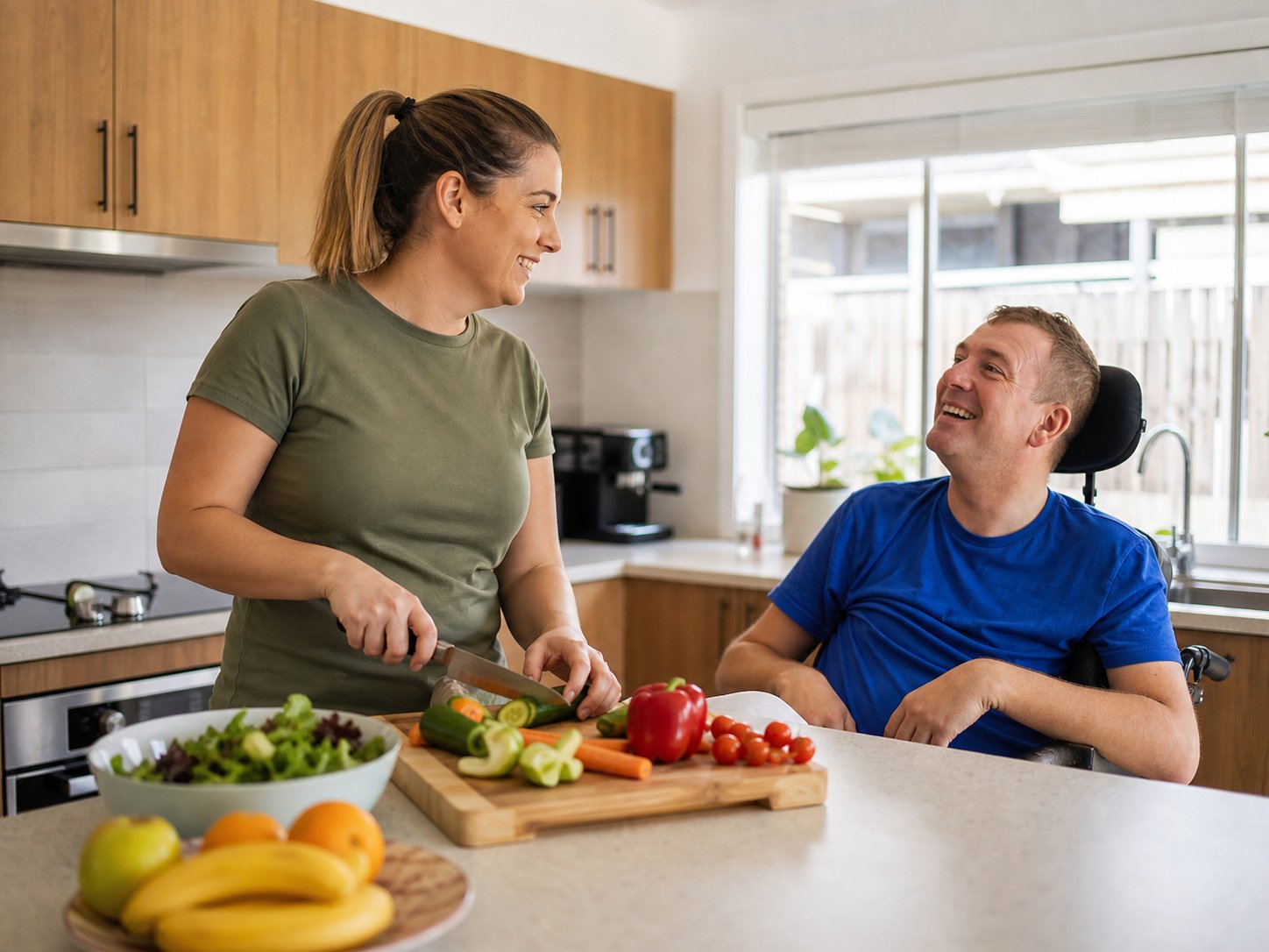 NDIS support worker helping prepare a meal in a participant's kitchen as part of household task support