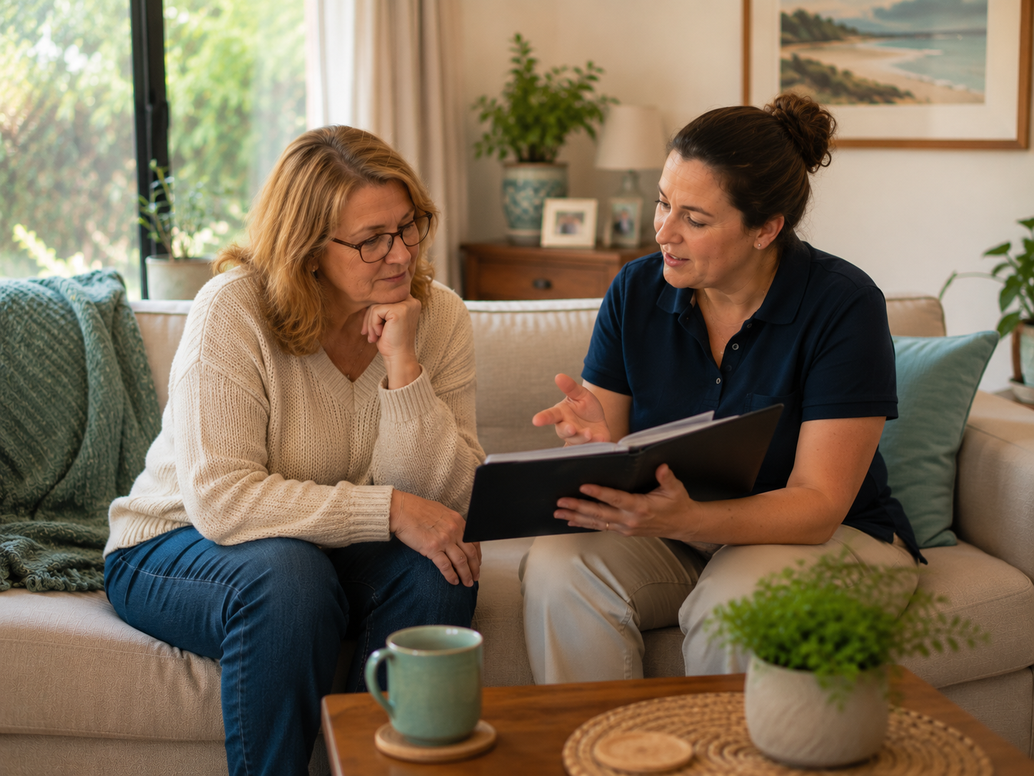 Participant reviewing NDIS plan management options with their support worker