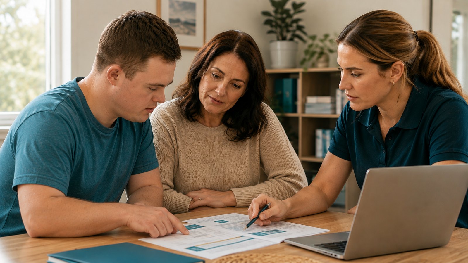 NDIS participant and family reviewing plan management options with a support worker in Melbourne