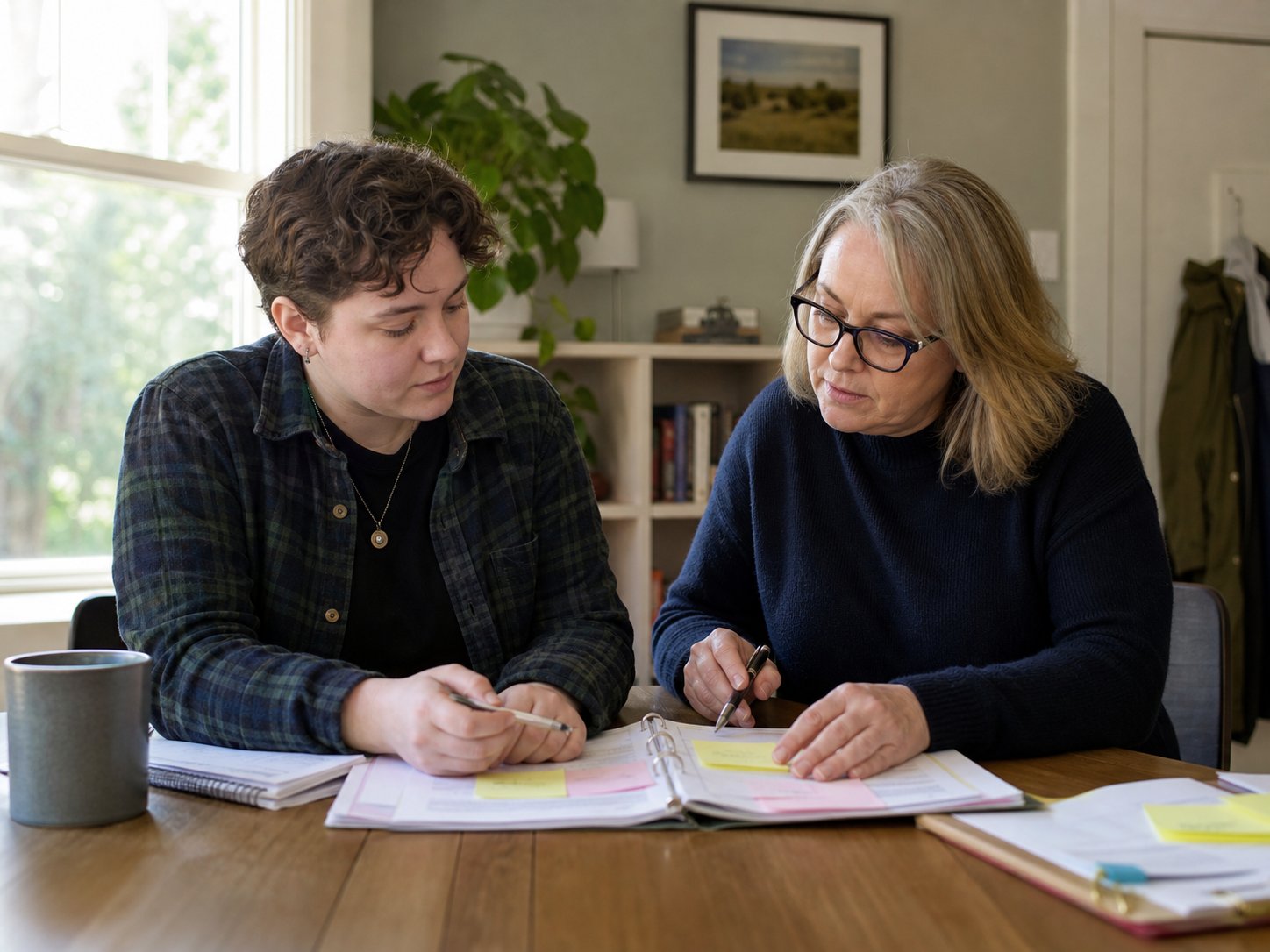 Participant and support coordinator preparing notes and evidence together before an NDIS plan reassessment meeting