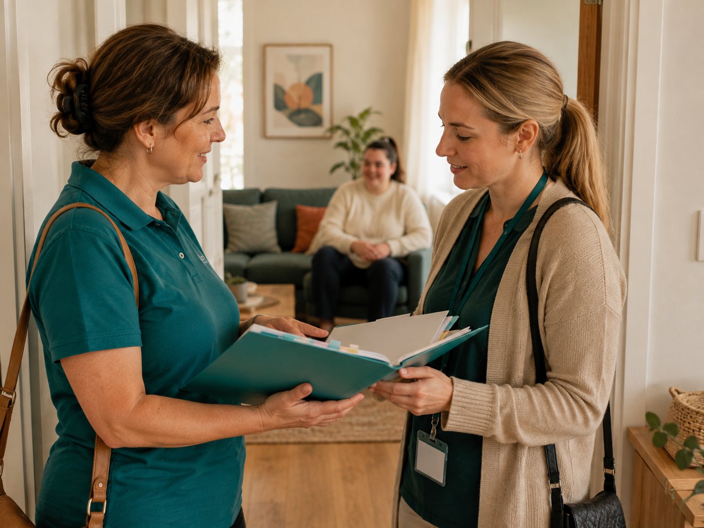 Support worker handing over notes to a new NDIS provider during a participant handover in Melbourne