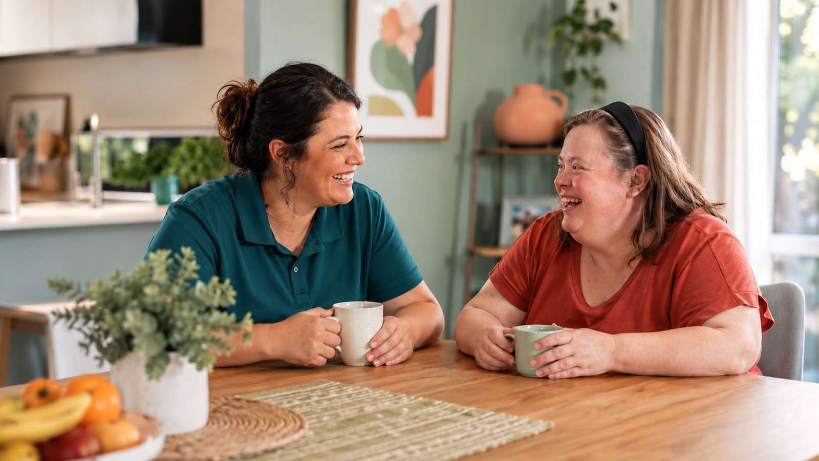 NDIS support worker and participant chatting over a cup of tea at home in Melbourne