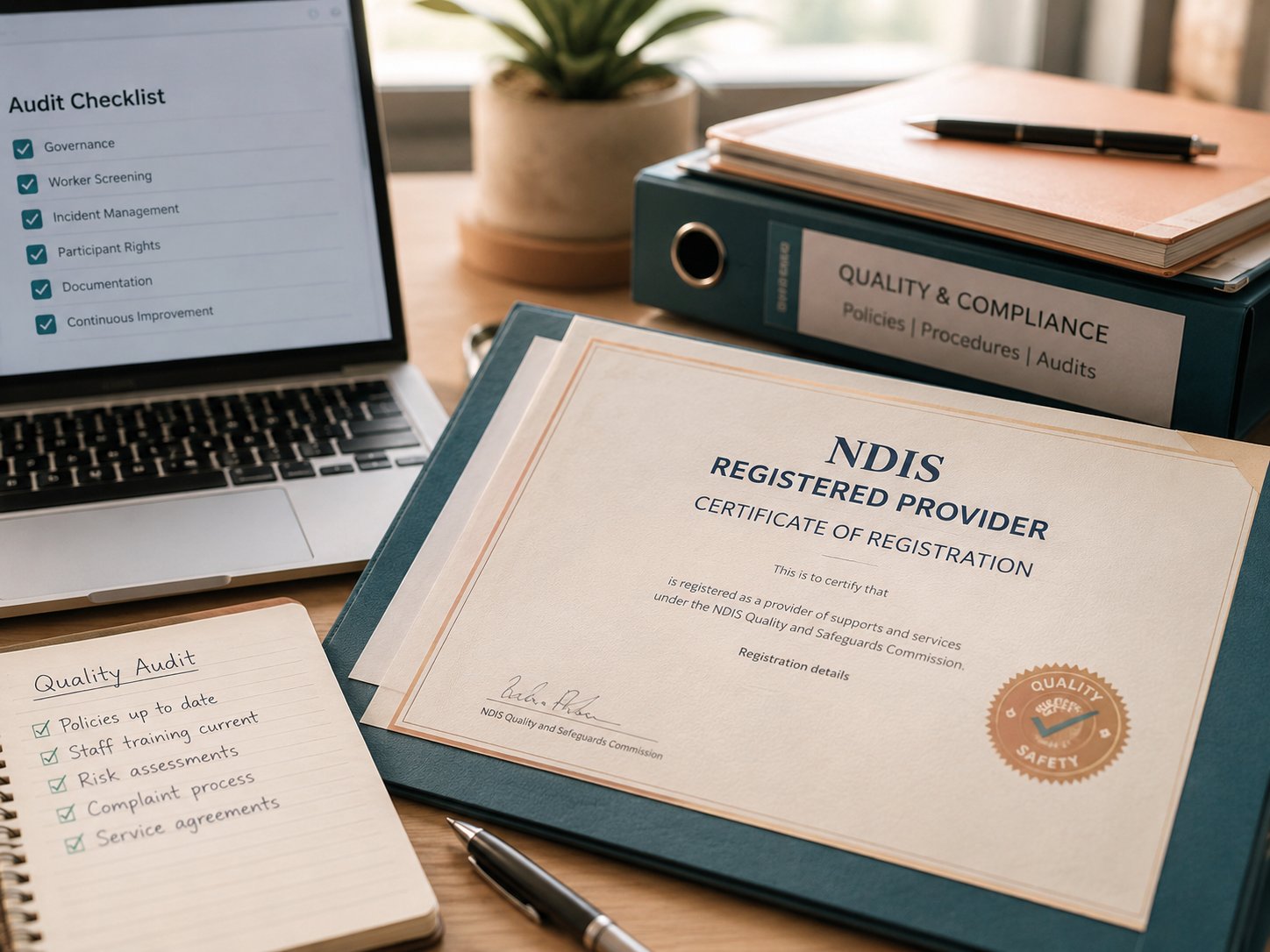 NDIS provider registration certificate and quality audit documentation in Melbourne