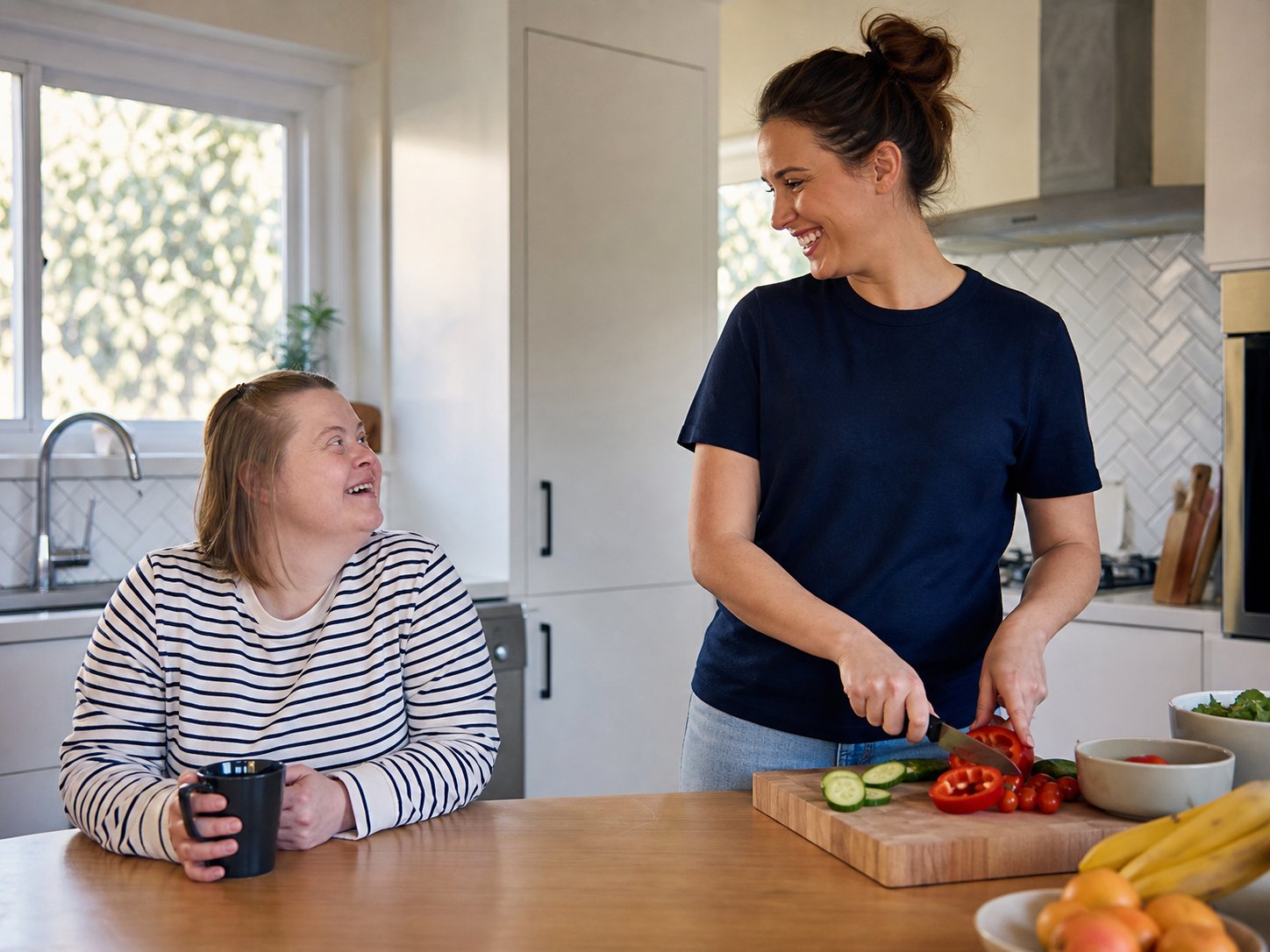 NDIS support worker helping prepare a meal in a participant's kitchen as part of household task support