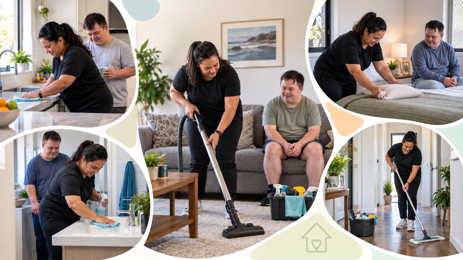 NDIS support worker moving between rooms of a home, illustrating room-by-room cleaning task support