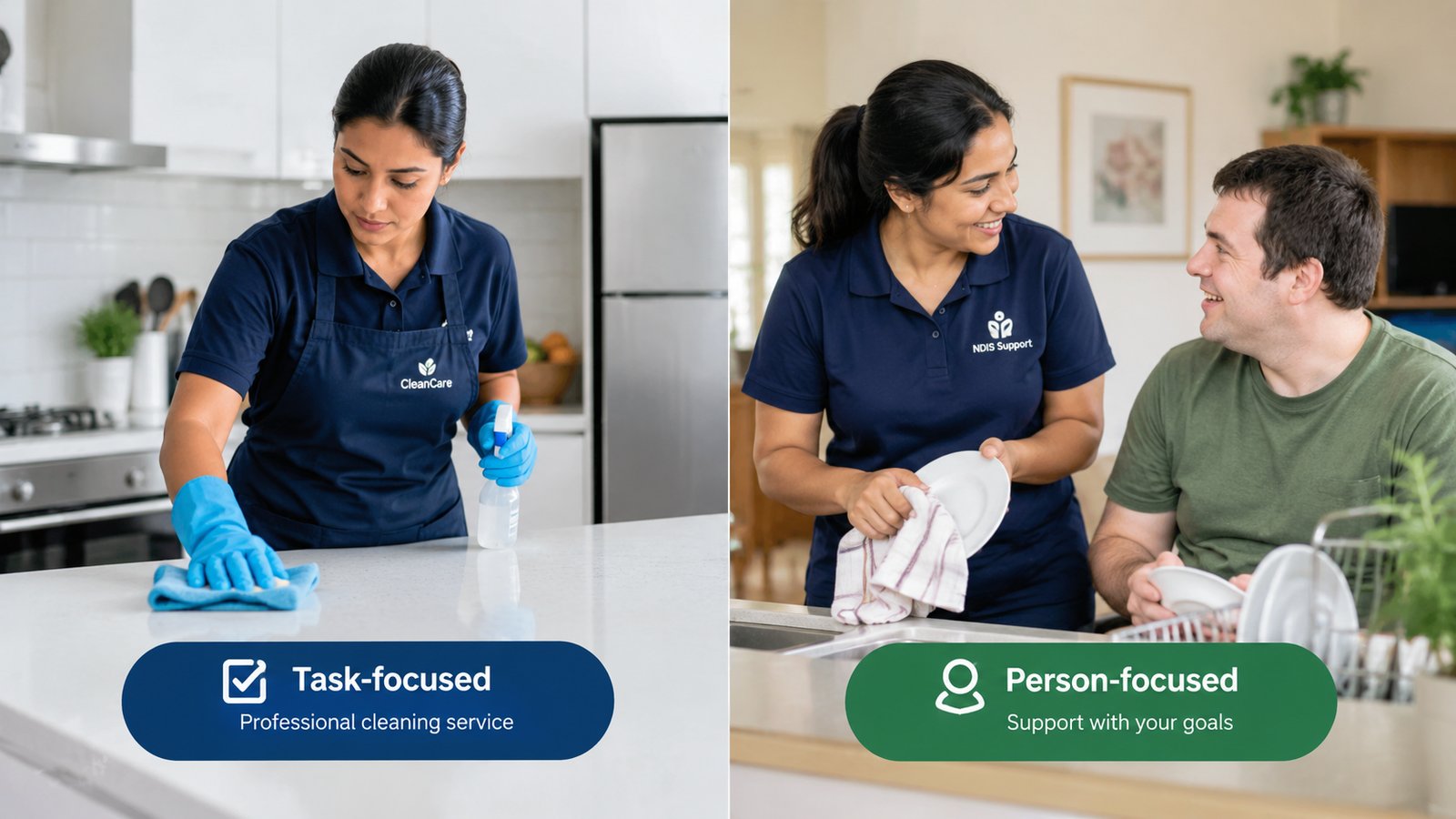 Comparison of a commercial cleaner working to a checklist and an NDIS support worker adapting household tasks to a participant's needs