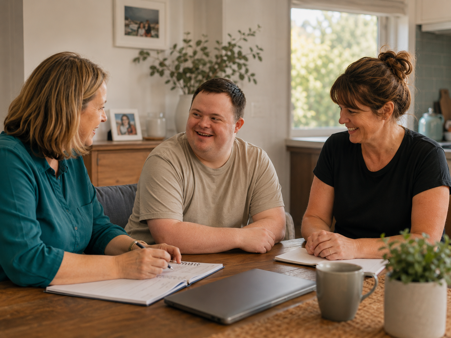 NDIS participant with a support worker and coordinator, showing different supports working together