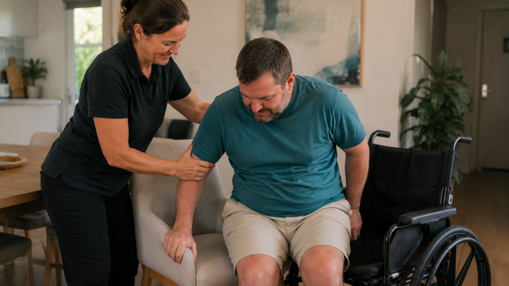 Support worker assisting a person with a physical disability with a daily task at home