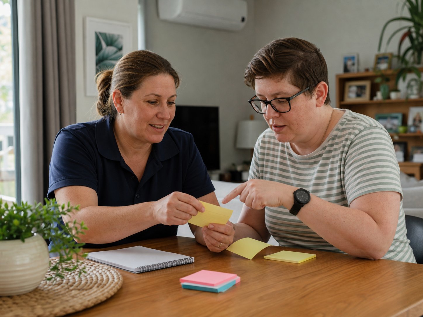 Support worker and participant agreeing on priority household tasks to focus on within limited funded hours