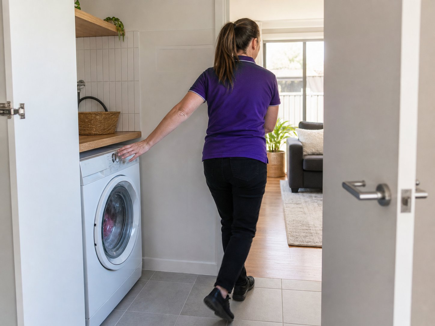 Support worker starting a washing machine load before moving to another household task during the same visit