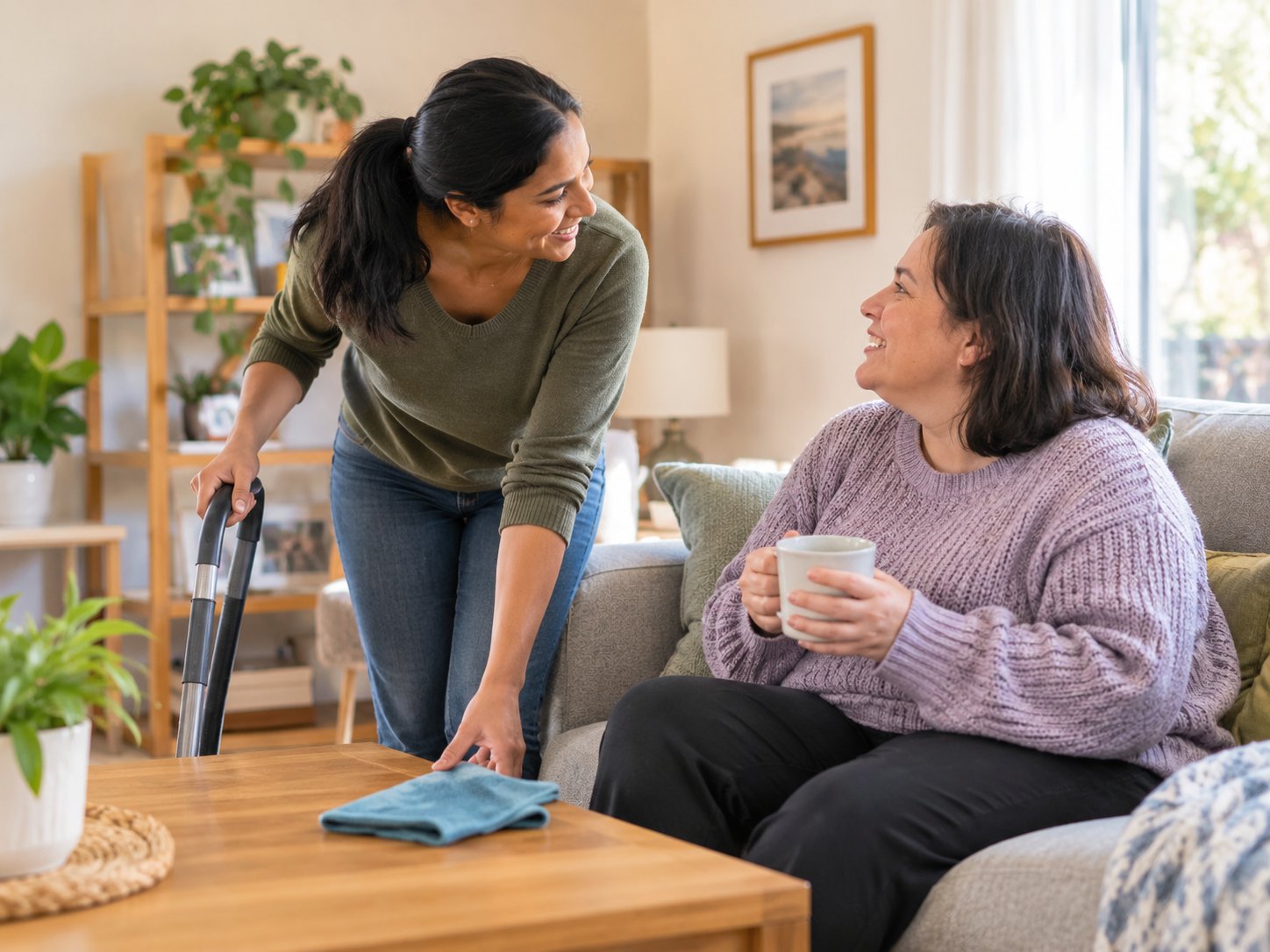NDIS support worker adjusting a household task to suit a participant's capacity on the day