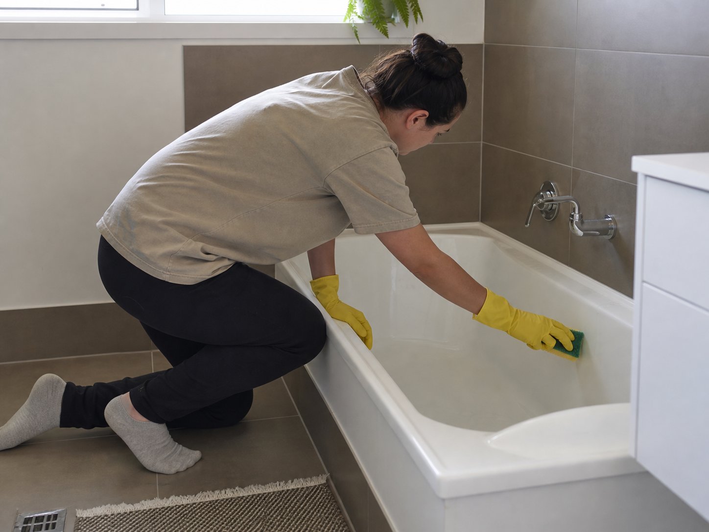 Support worker handling a physical cleaning task such as bending to clean under furniture or scrubbing a bathtub