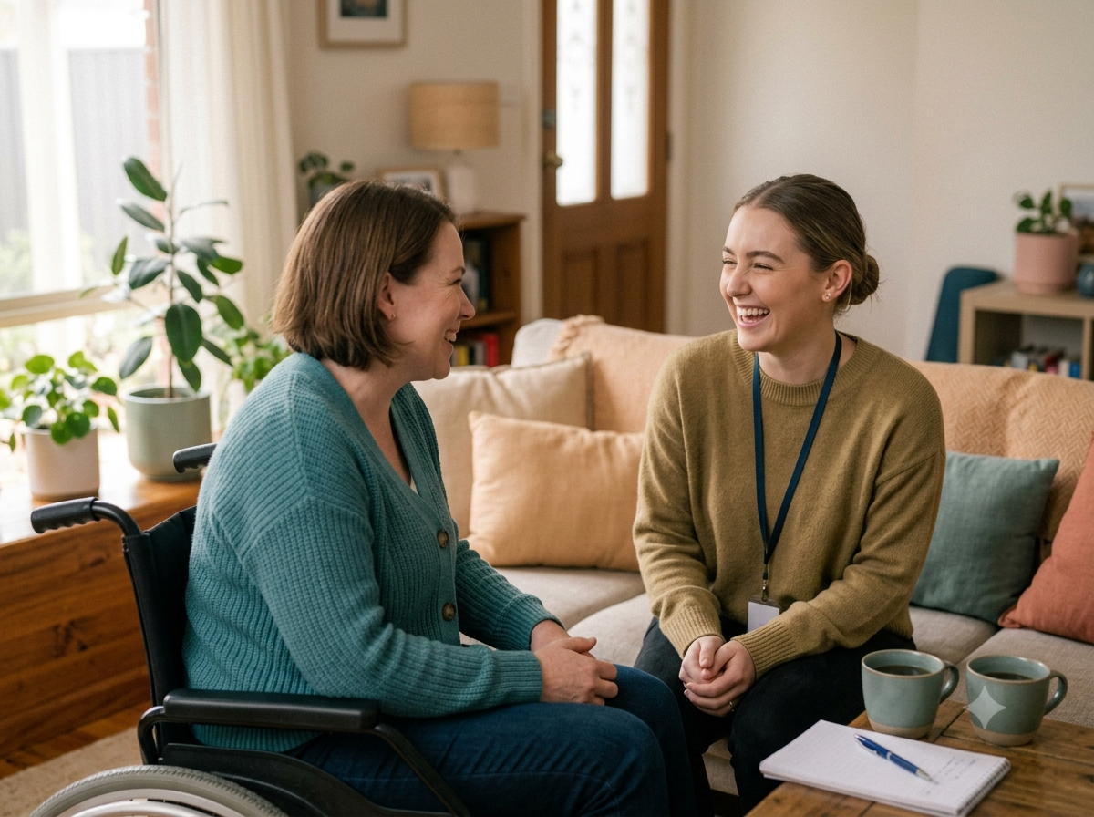 Support worker and NDIS participant building rapport during a home visit
