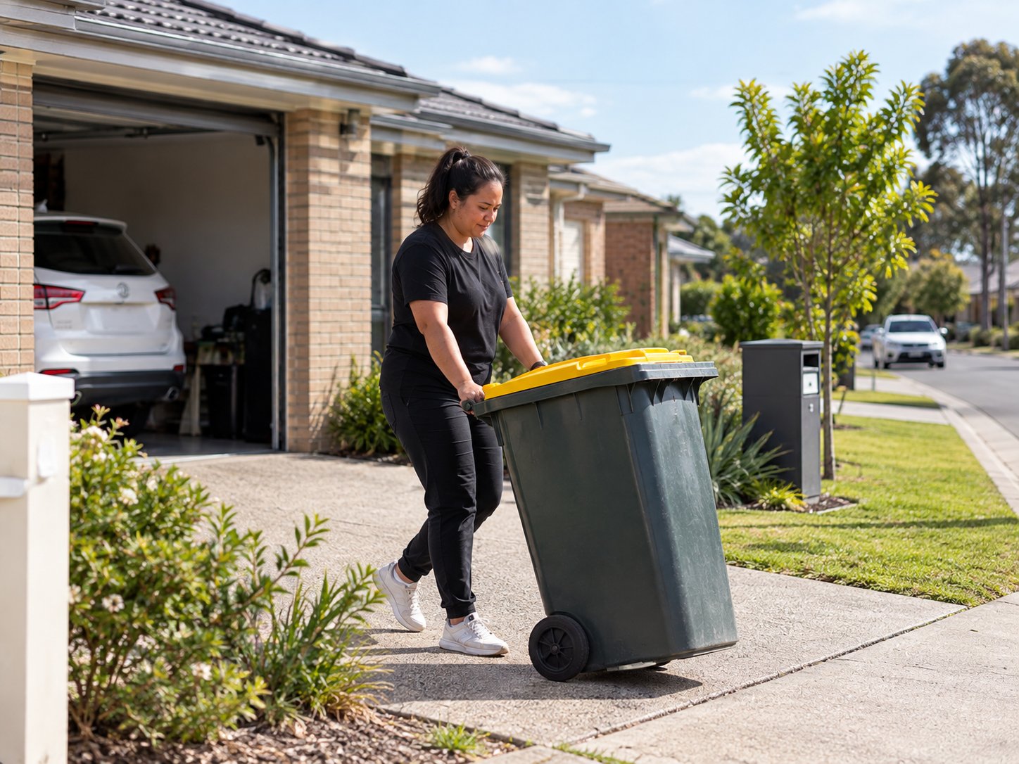 NDIS support worker wheeling a full bin down a driveway for collection as part of household task support