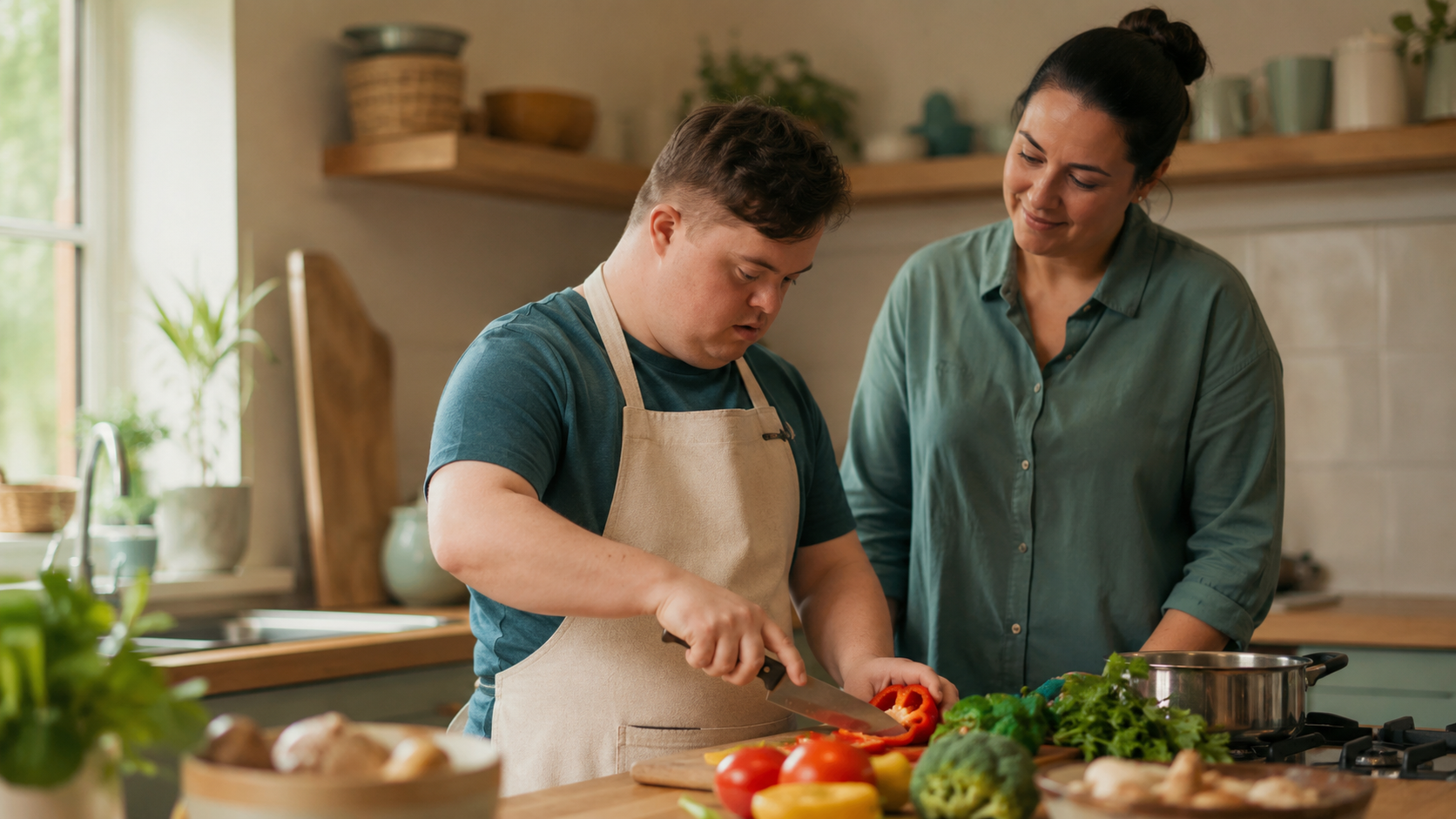 Support worker guiding an NDIS participant through cooking a meal step by step