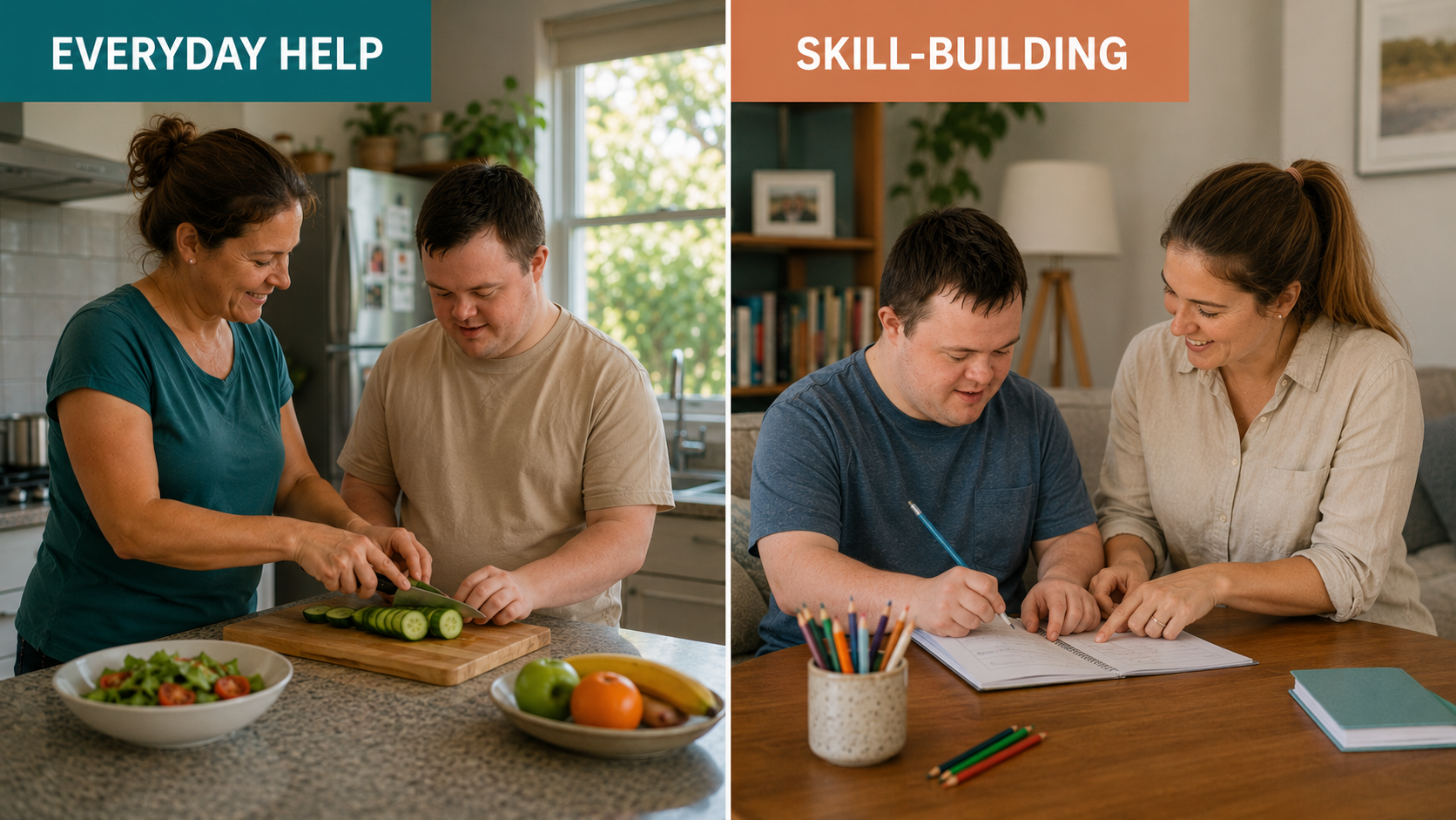 Support worker helping with a daily task, illustrating the difference between everyday help and skill-building therapy
